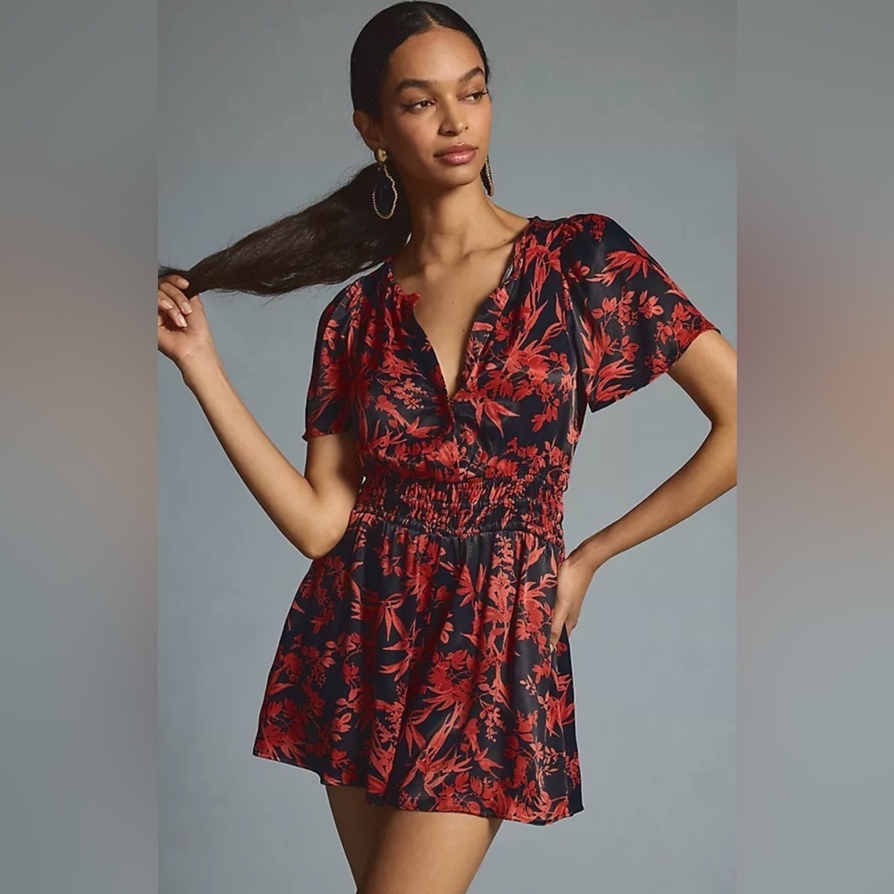Anthro Somerset Floral Romper Red Black Boho Smocked Waist Viscose Sz L